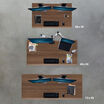 Overhead comparison of three walnut desktop sizes: forty-eight by thirty inches with dual monitors, sixty by thirty inches with a monitor and laptop arm, and seventy-two by thirty inches with dual monitors.